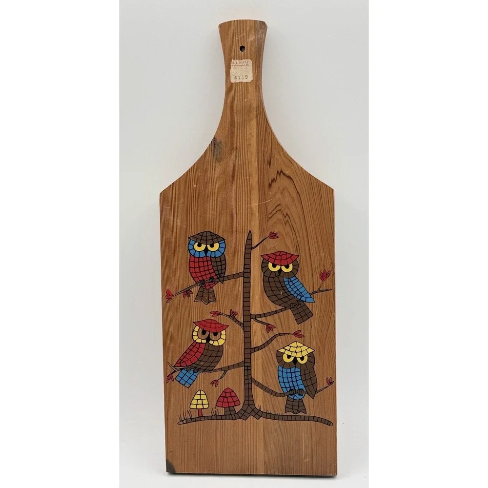 Vitg Owl Mushrooms Wood Cutting Board Folk Art Boho Nevco Kitchen 6